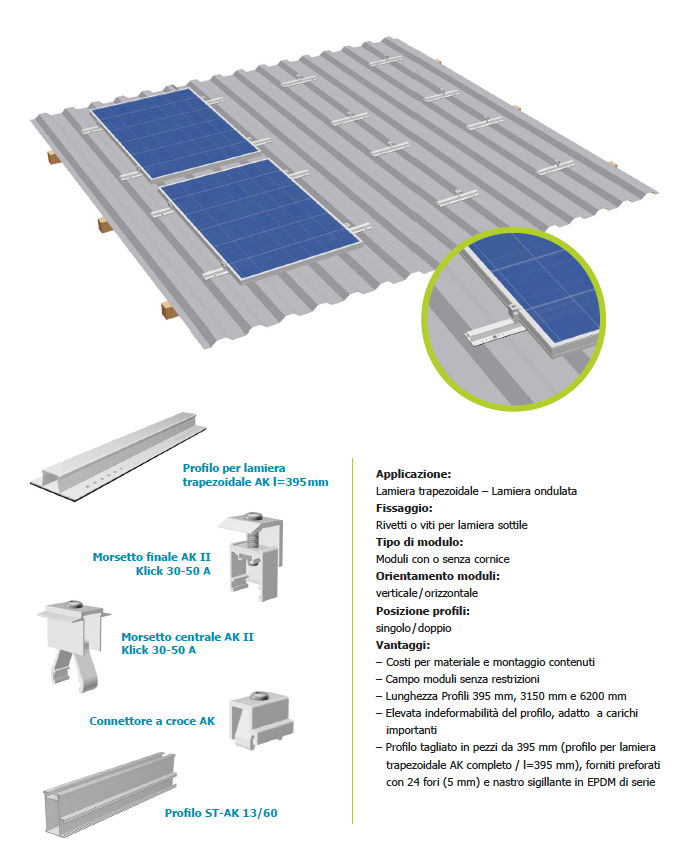 S-Flex - Strutture - Sistema per tetti in lamiera trapezoidale e lamiera ondulata, montaggio con Profilo per lamiera trapezoidale AK l=395 mm